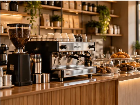 Balcão de cafeteria com máquina de espresso e doces
