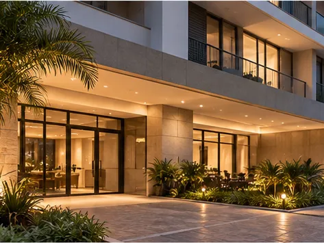 Entrada iluminada de um prédio residencial com jardim