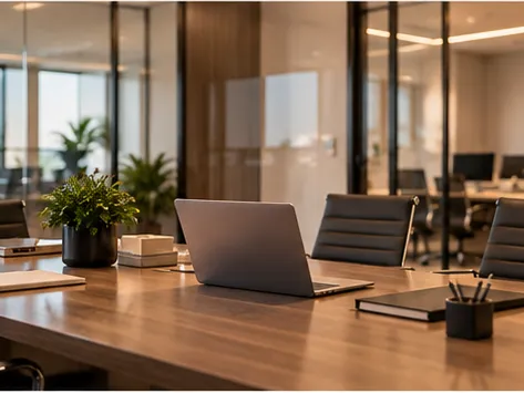 Mesa de reunião com notebook em um escritório