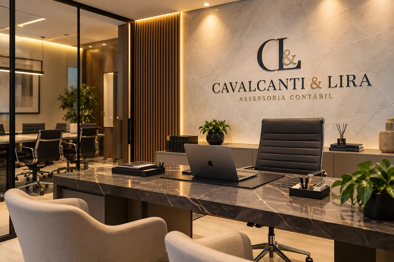 Escritório com mesa de trabalho e o logotipo da Cavalcanti & Lira na parede